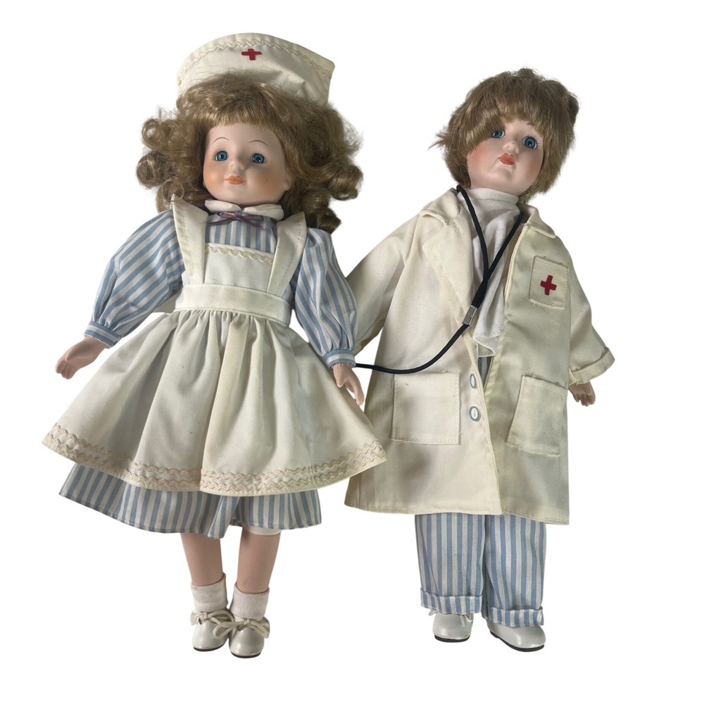 CRH International Porcelain Doll Set Nurse Doctor Vintage Blue White Medical